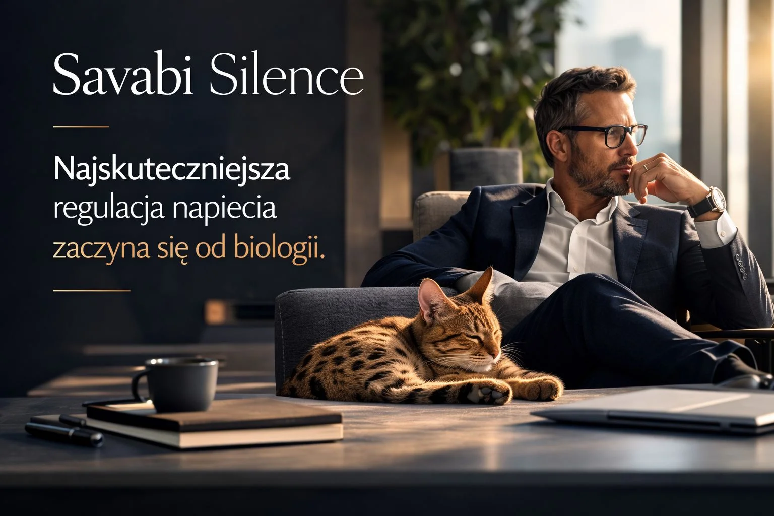 Savabi Silence – spokojna przestrzeń biologicznej regulacji napięcia z kotem Savabi w Instytucie Kota Savabi, wspierająca redukcję stresu liderów