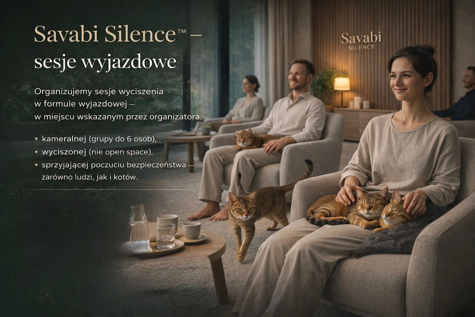 Sesja wyjazdowa Savabi Silence w Instytucie Kota Savabi – kot rasy Savabi w kameralnej przestrzeni wyciszenia podczas sesji wyjazdowej dla firm i organizacji